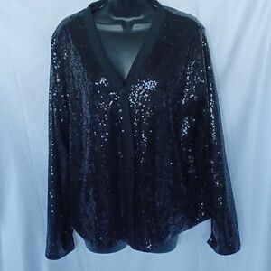 KANCY KOLE Women's Sequin Jacket Long Sleeve Button Down Shiny  black